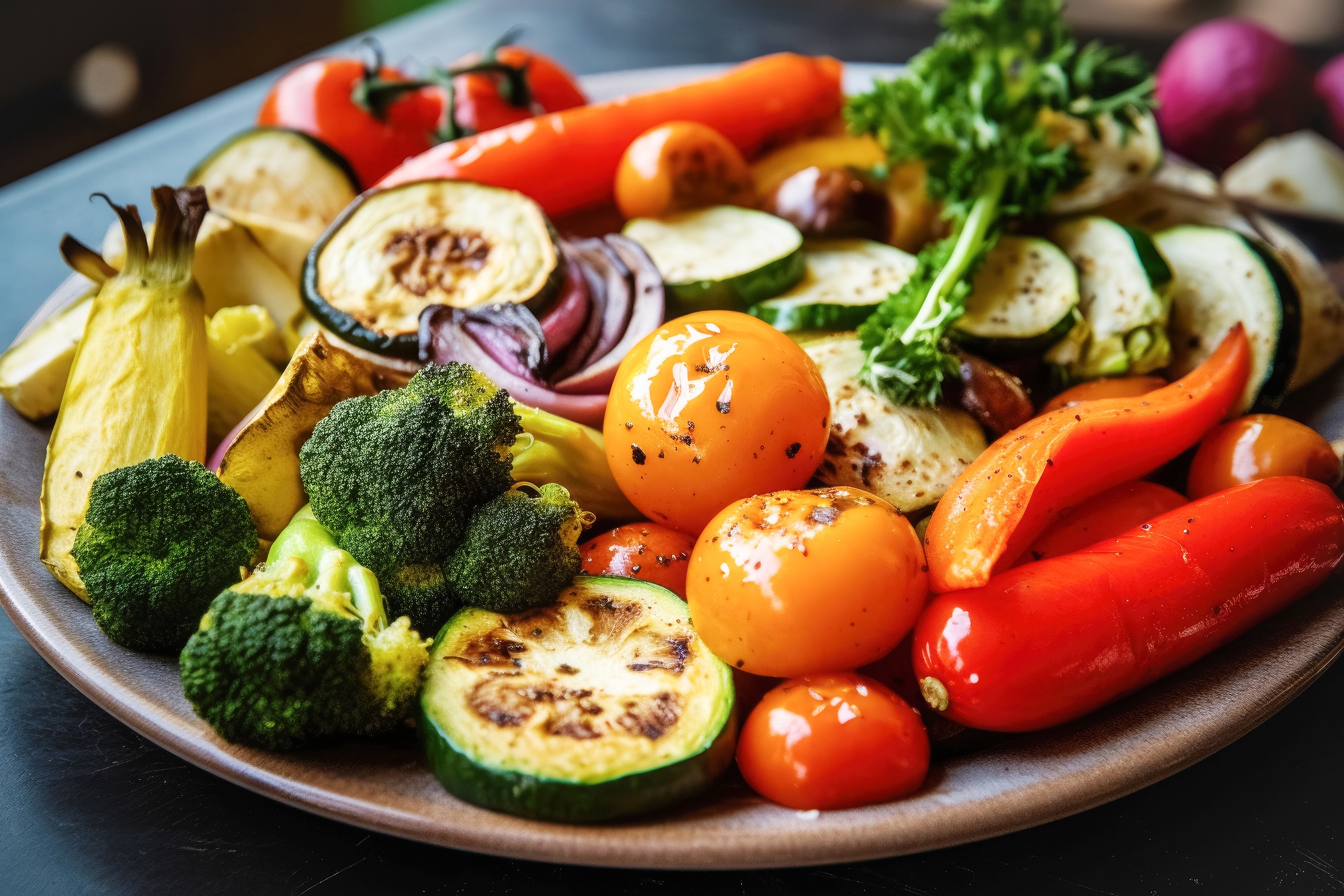Various barbecue grilled vegetables laid out beautifully on a large dish. vegetarian barbecue, party, summer holidays